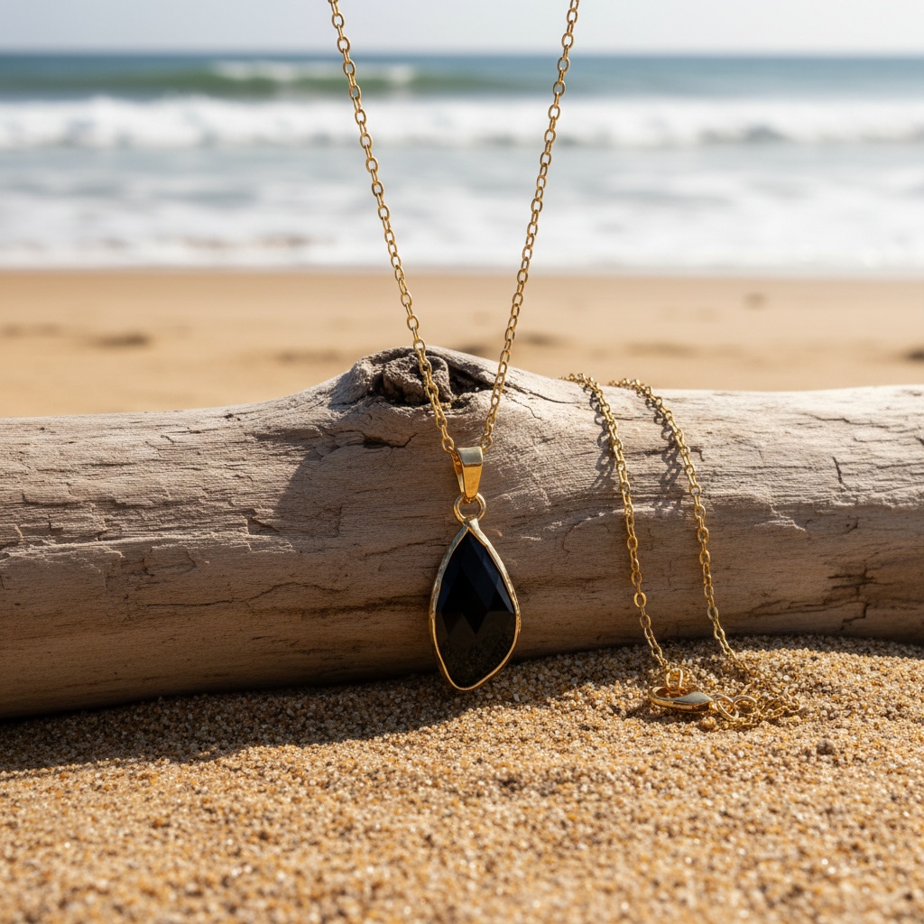 Faceted Black Obsidian Teardrop Pendant Necklace, Minimalist